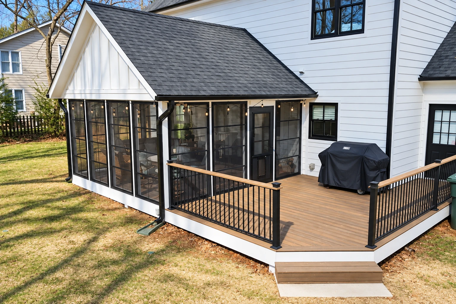 A white house has a black-framed screened sunroom beneath a steep gabled roof, opening onto a wooden deck with black railings.