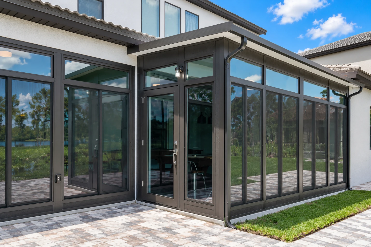 Custom sunroom with dark-framed glass walls and a central entry door, set beside a paved patio.