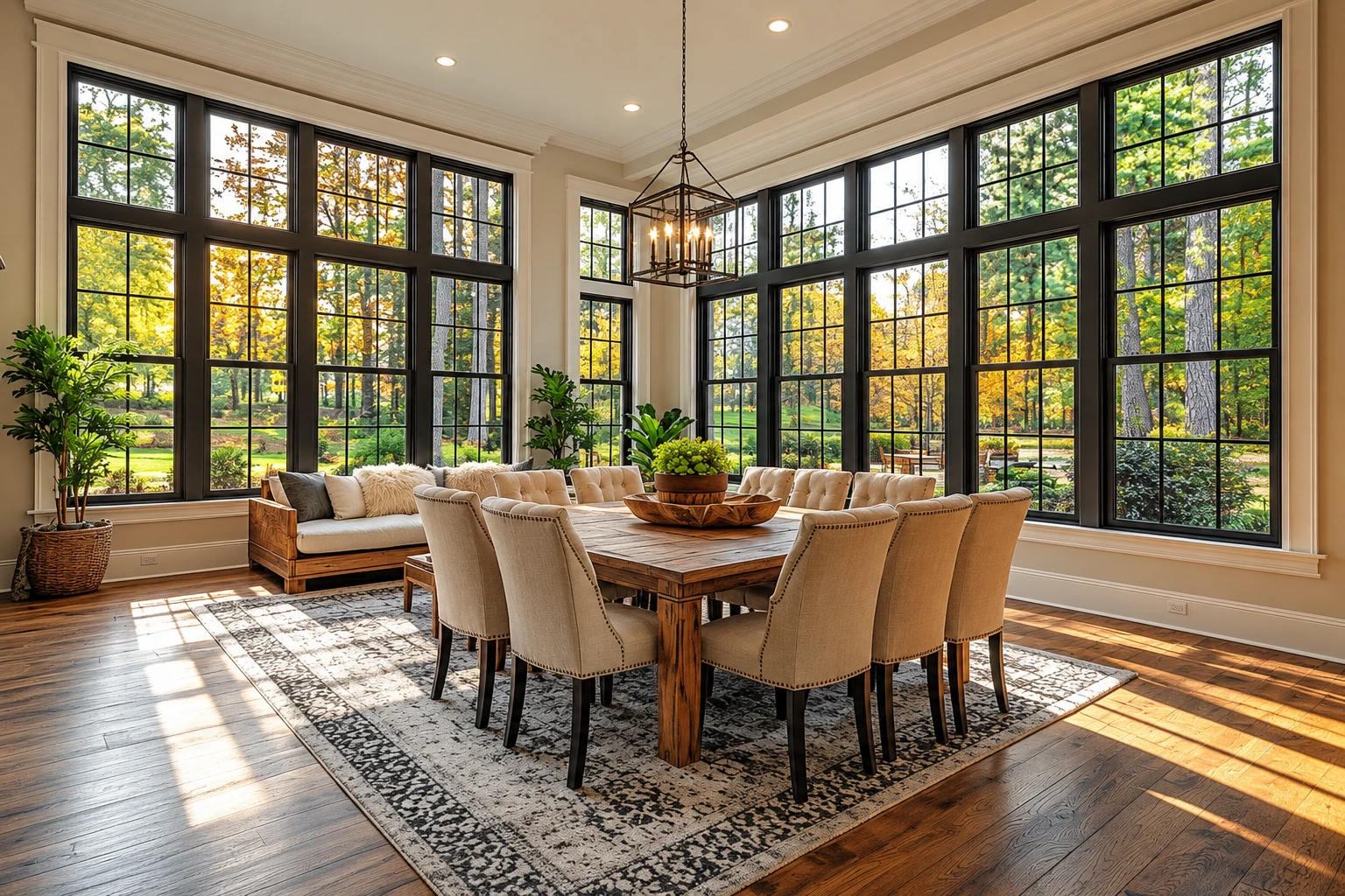 A spacious sunroom with tall black-grid windows features a long dining table, upholstered chairs, and views of trees.