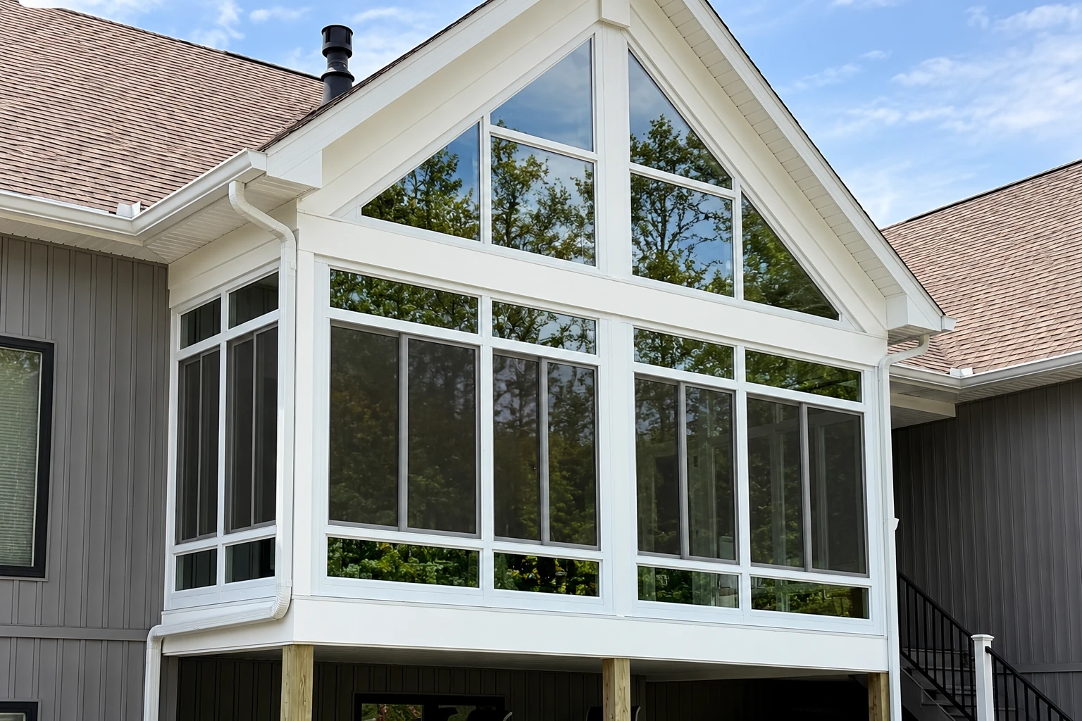 Raised deck converted into a white-framed sunroom with tall windows beneath a steep gabled roof.