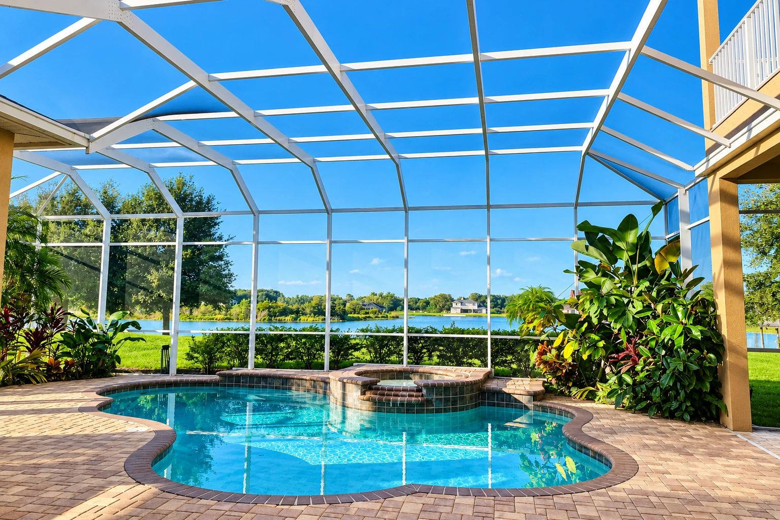 A screened patio enclosure with a white frame surrounds a swimming pool and spa, with tropical plants and a lake beyond.
