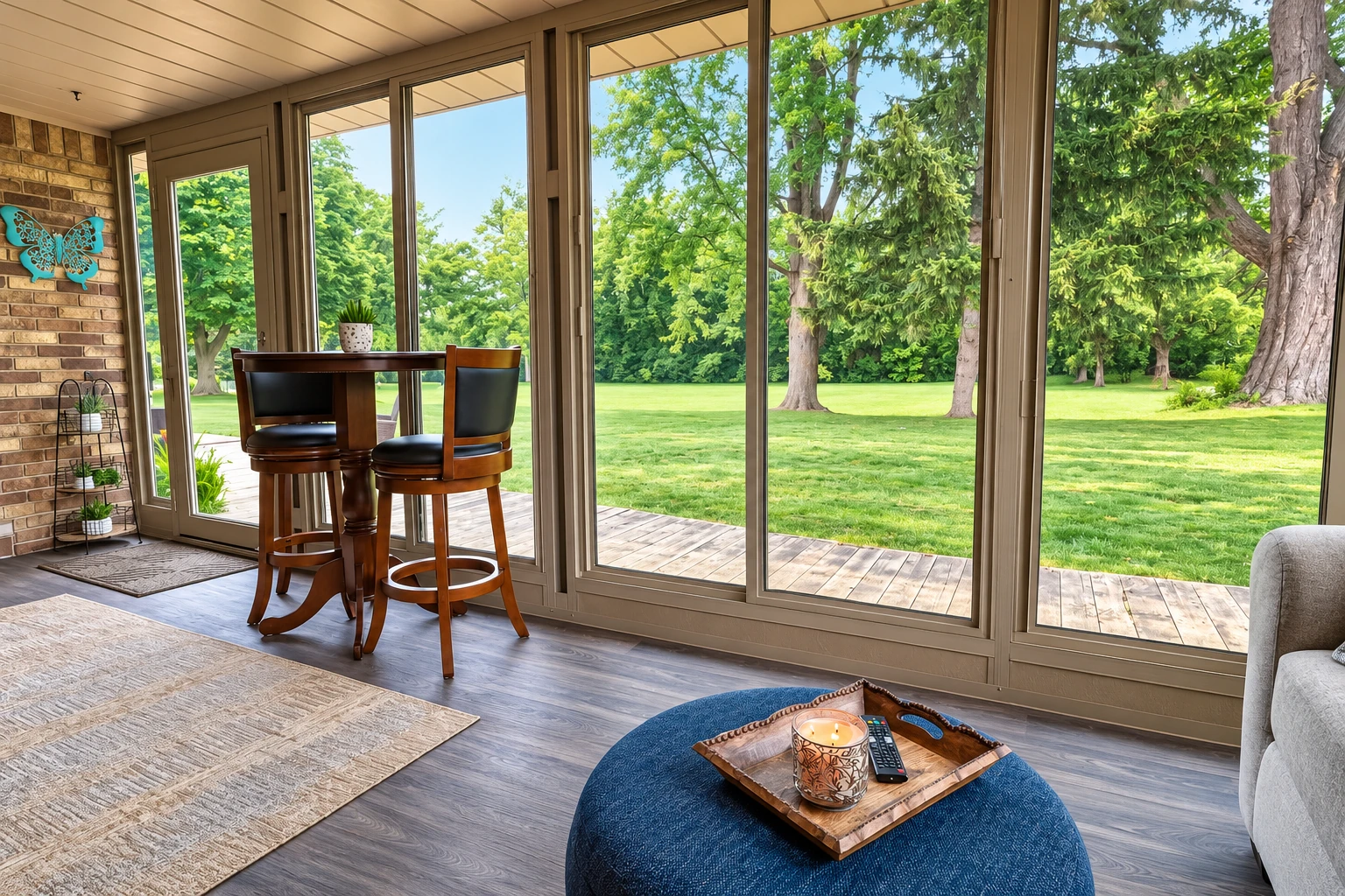 An enclosed patio room has tall glass doors and windows facing a tree-lined lawn, with a small dining table inside.