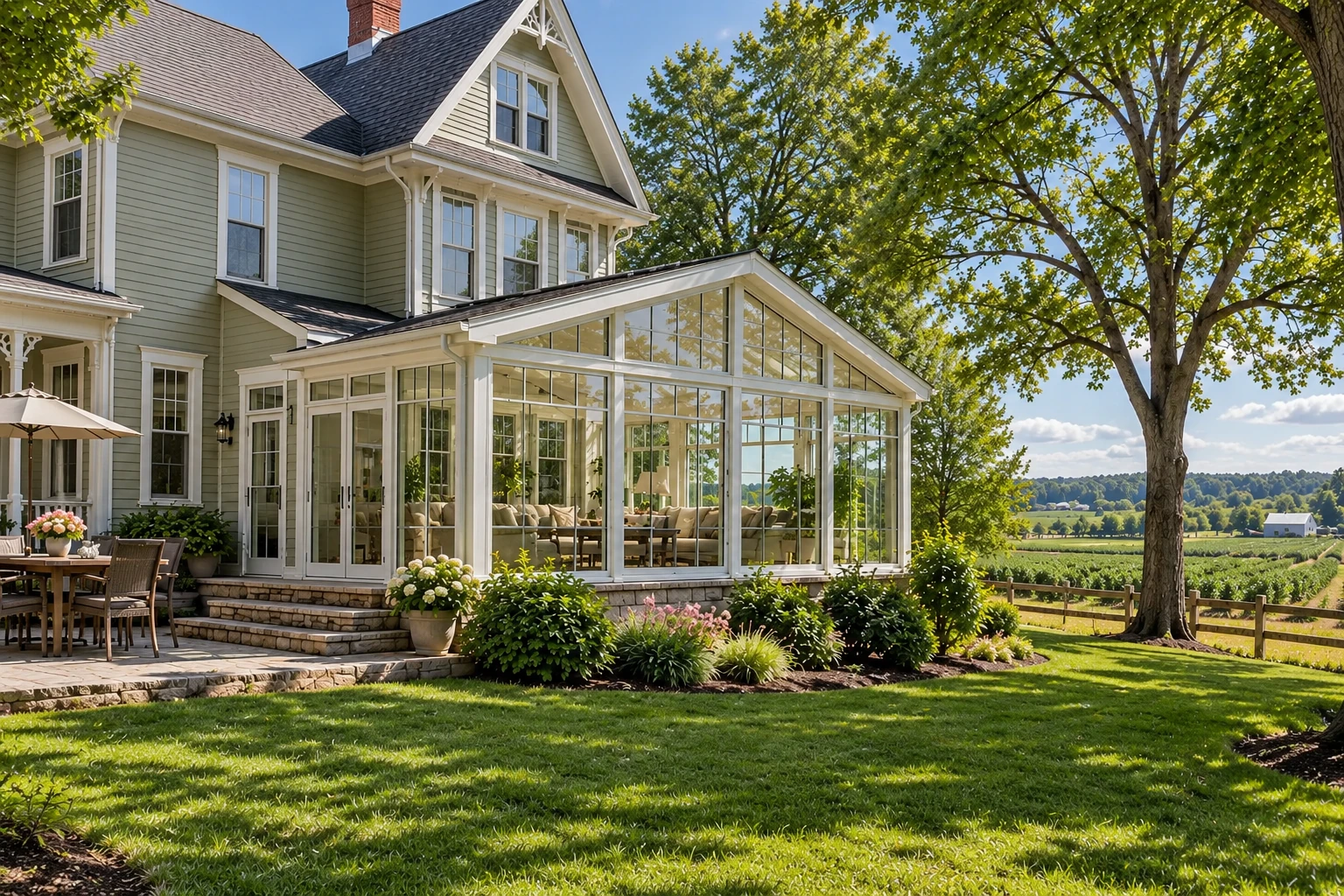 Four-season sunroom with a peaked glass roof and white framing, attached to a house beside a landscaped lawn.