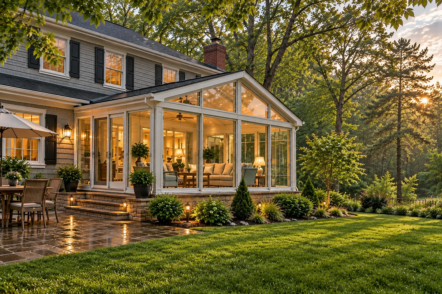 Glazed patio enclosure with a peaked roof and warm interior lighting beside a landscaped lawn at dusk.