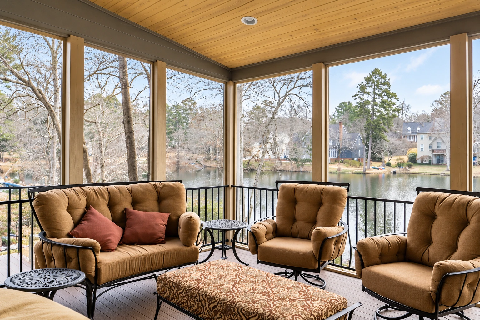 A covered patio enclosure with tan cushioned seating and a wood-plank ceiling overlooks a lake through wide window openings.