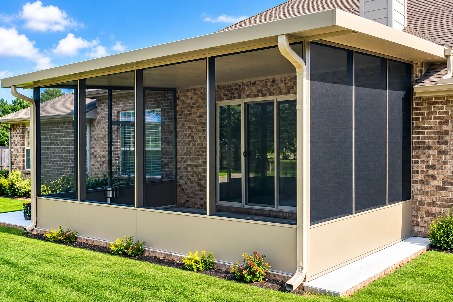 Screened patio enclosure with dark mesh panels and a low, sloped roof beside a brick house.