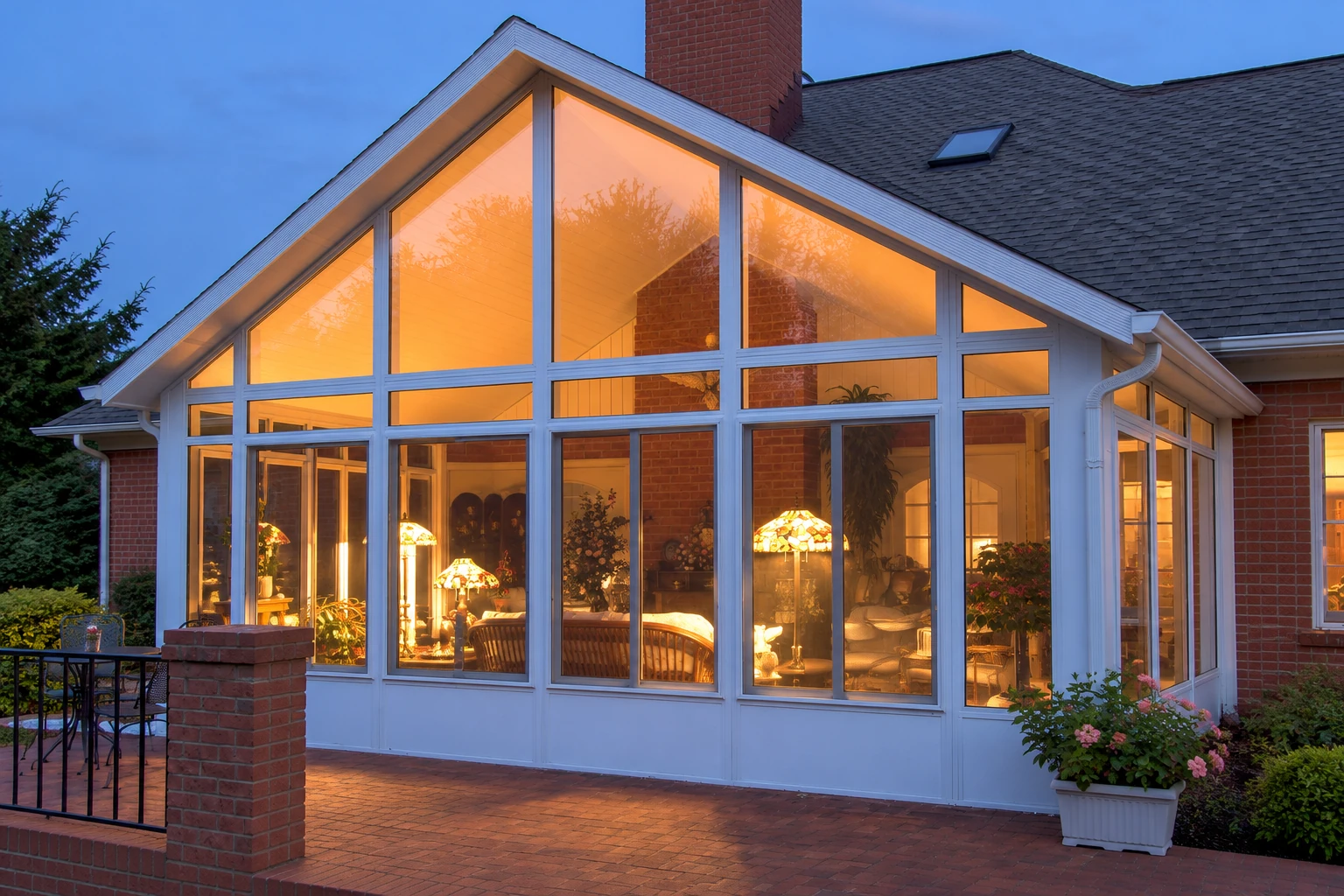 A glass solarium with a white frame and peaked roof glows warmly at dusk beside a brick house.