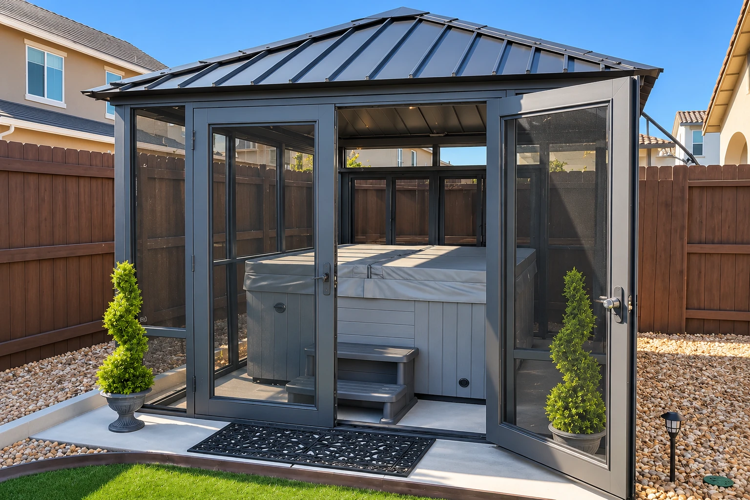 A dark-framed glass enclosure shelters a hot tub in a fenced backyard, with open double doors and a metal hip roof.