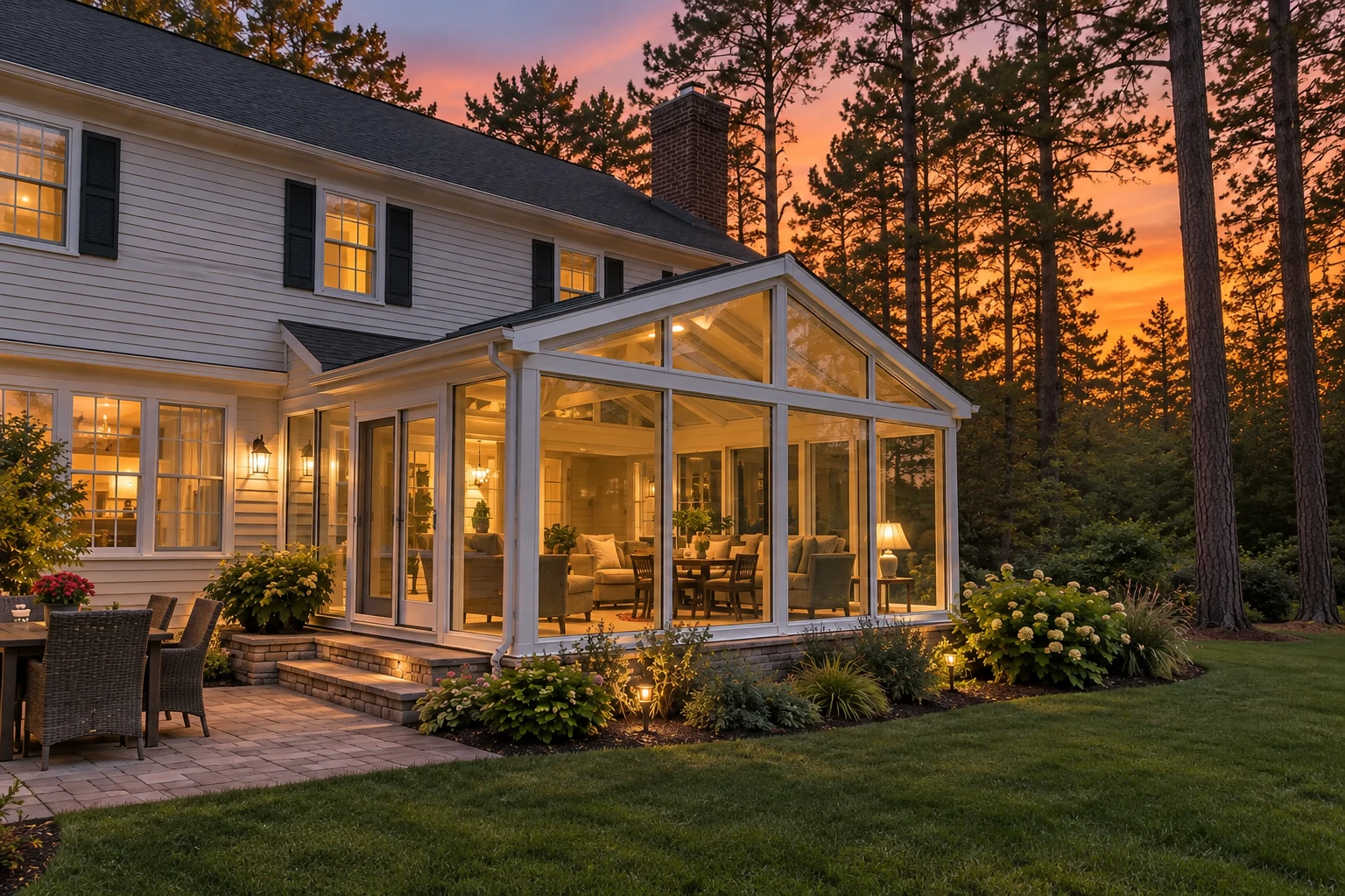A glass sunroom with a white frame and gabled roof extends from a house, glowing at sunset among tall trees.