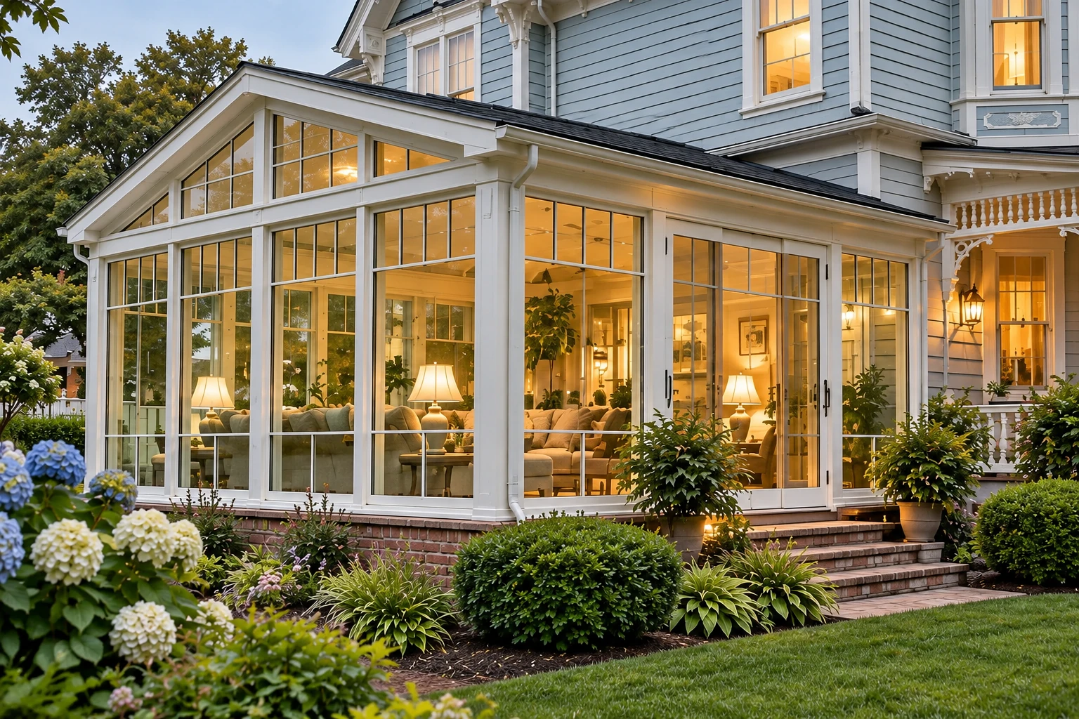 A white-framed sunroom addition glows with warm interior lights beside a blue house and landscaped garden.