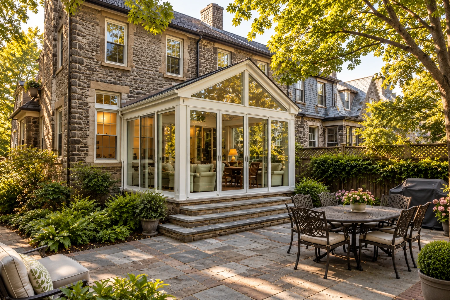 A white-framed sunroom with a peaked glass roof extends from a stone house beside a paved patio and outdoor dining set.
