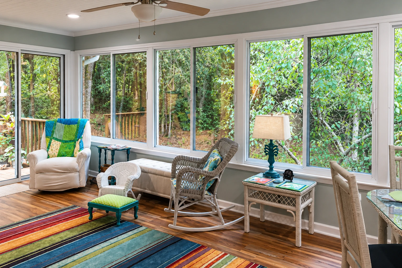 A remodeled sunroom with broad windows, wicker chairs, and a colorful rug looks out onto dense trees.