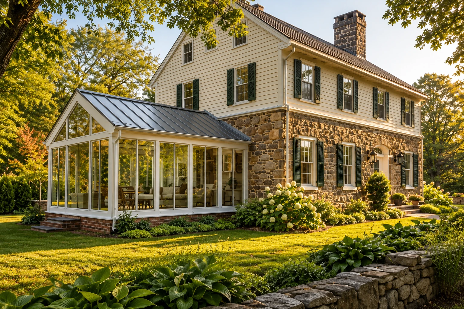 Glass three-season sunroom attached to a stone-and-siding house, with a gabled metal roof and garden surroundings.