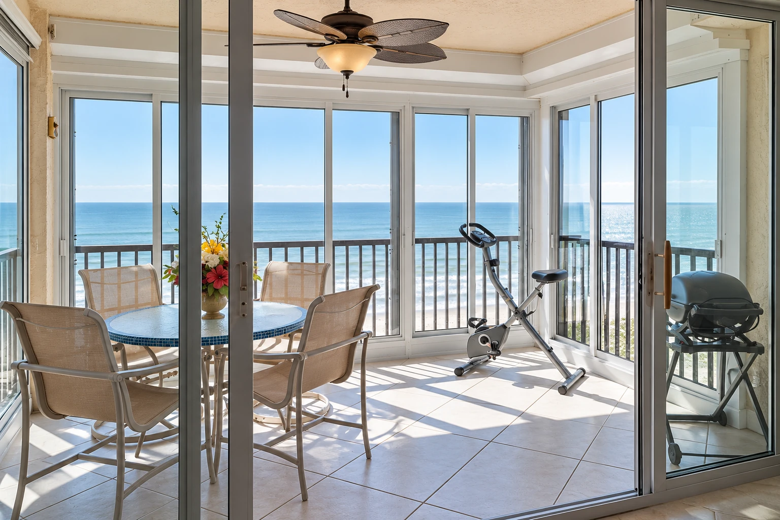 Bright three-season sunroom with sliding glass doors, ocean views, a dining set, exercise bike and grill.