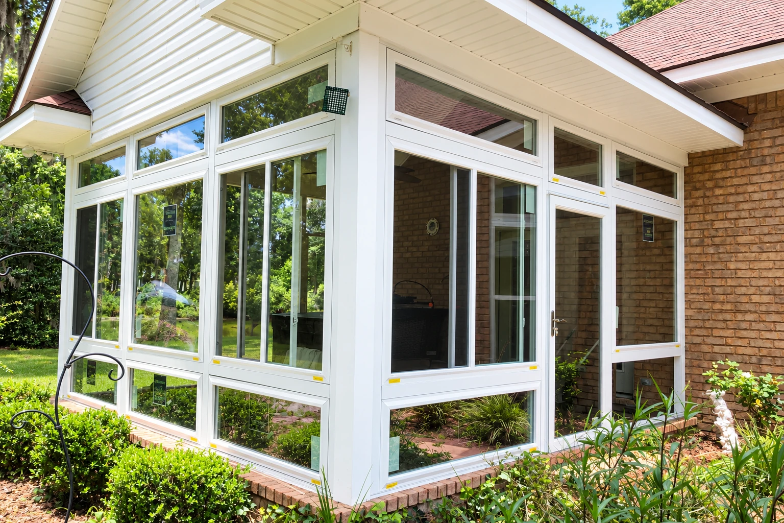 White vinyl sunroom attached to a brick house, with tall grid windows and a gabled roof amid garden shrubs.